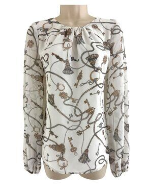 White House Black Market Chiffon Key Rope Tassels Blouse Top Shirt Size S Gold